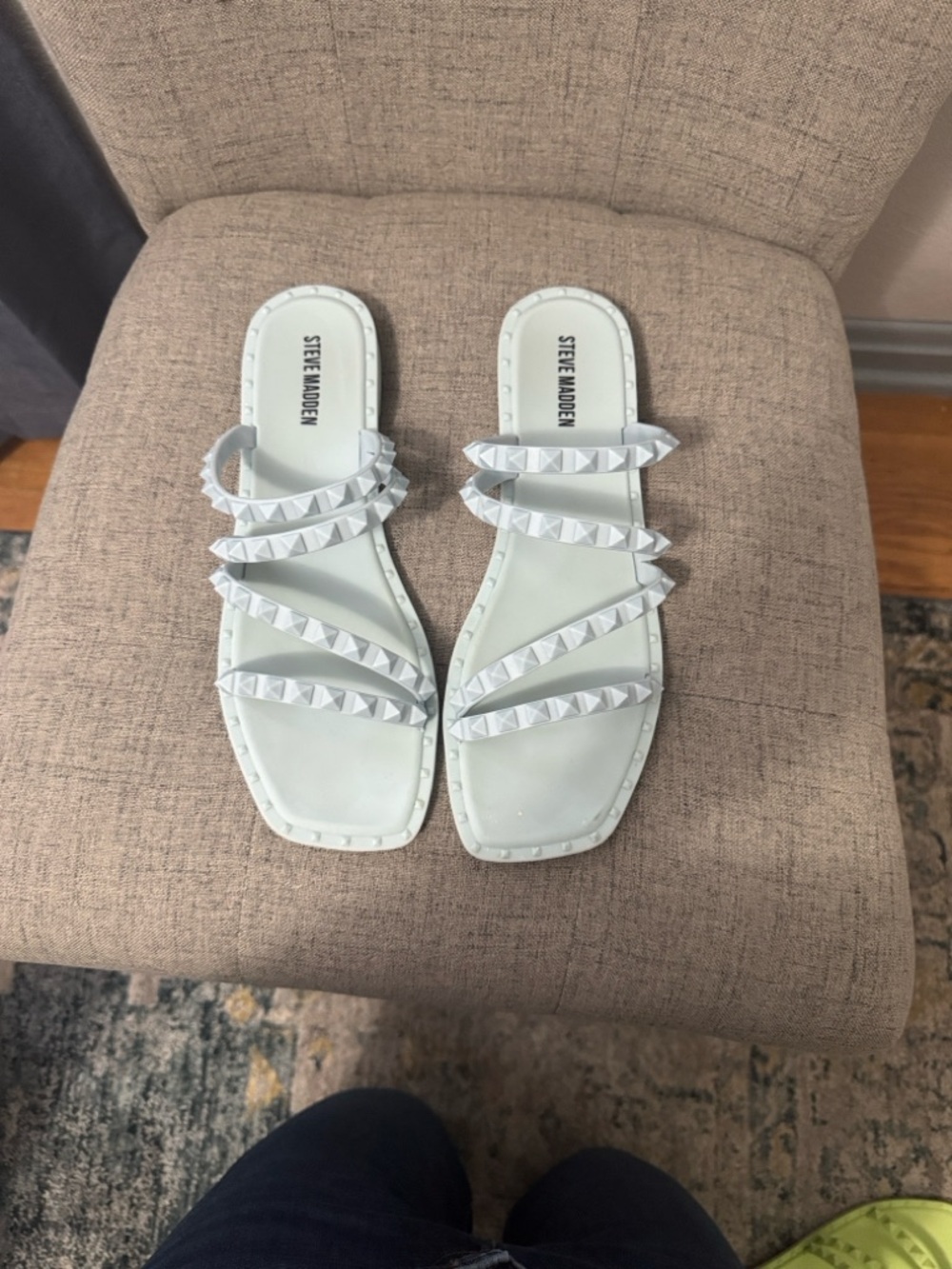 Steve Madden White Pyramid-Stud Multi-Strap Slide Sandals